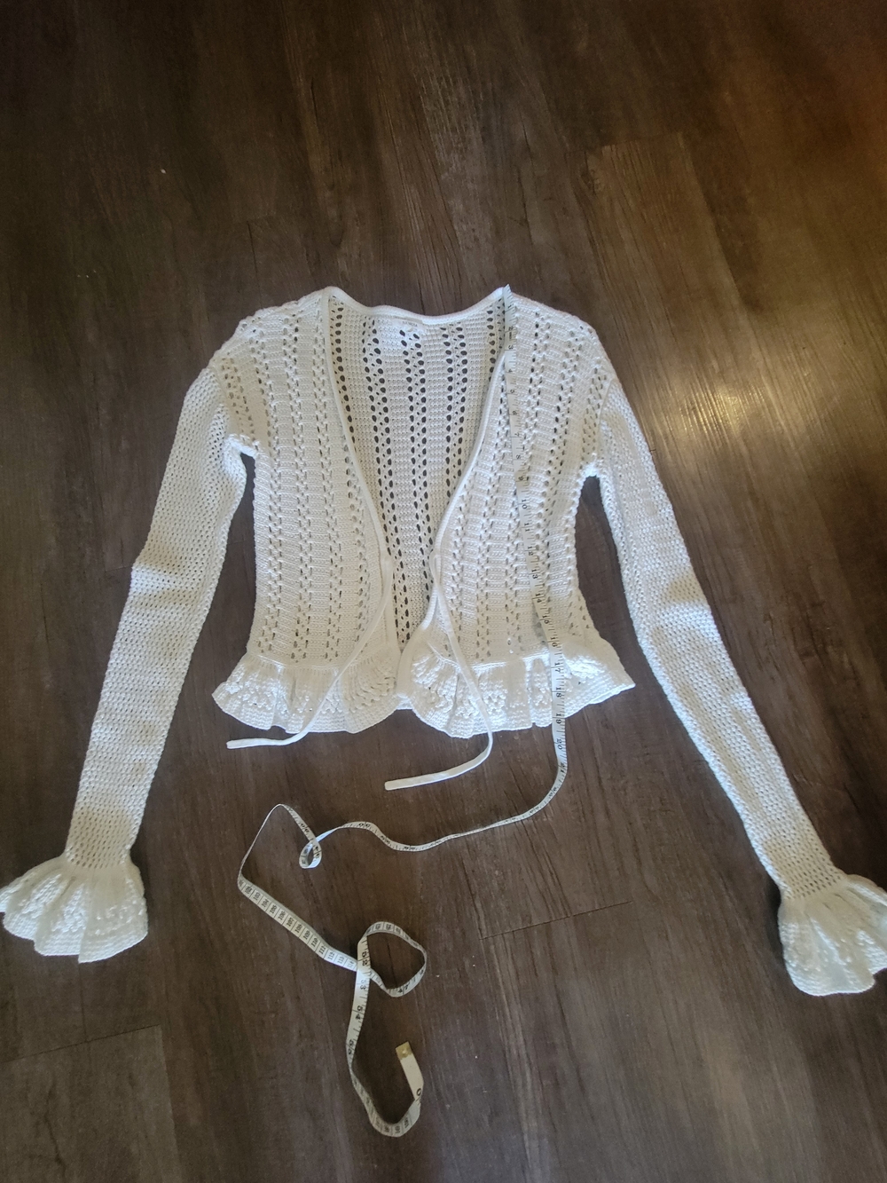 Tularosa White Open-Knit Tie-Front Ruffle-Hem Cardigan